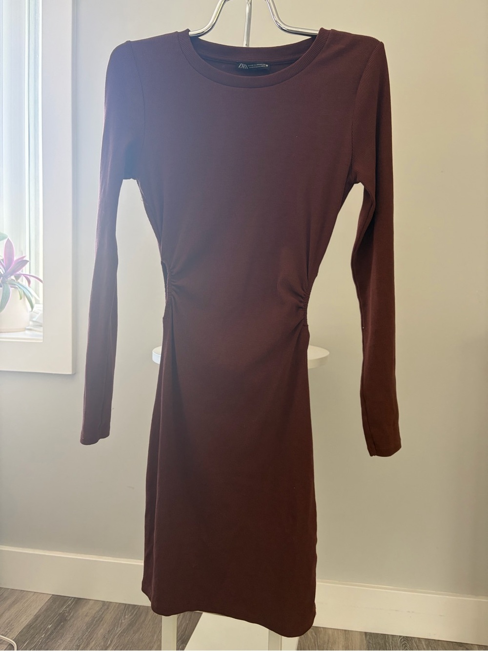 Zara Long Sleeve Ruched Waist Brown Dress